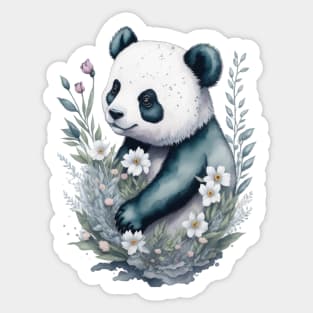 Panda bear around Flowers: Scattered Watercolor in Pastel Colors. Sticker